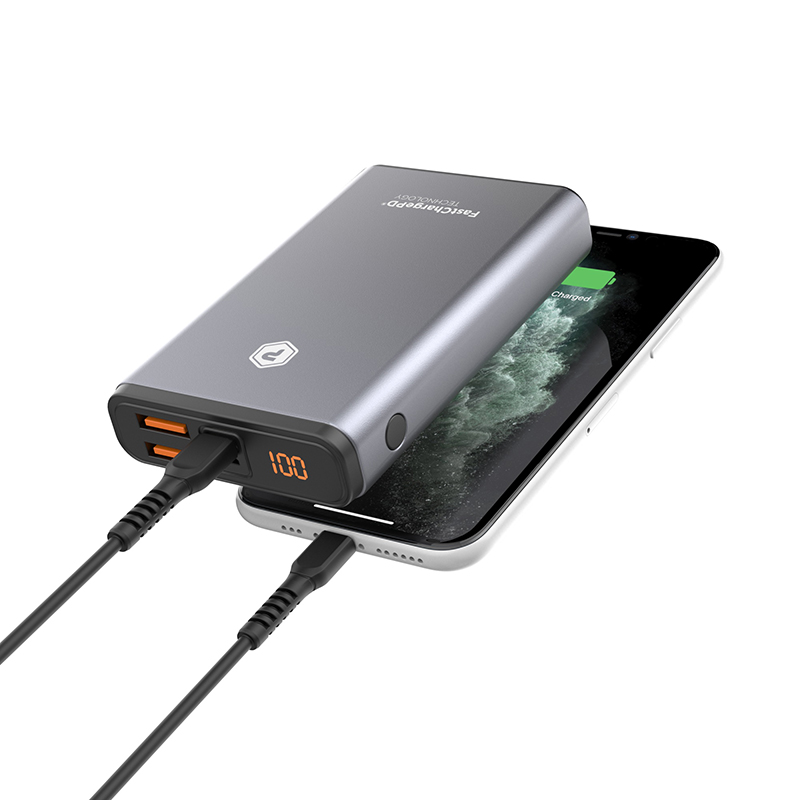 Grey fast charge portable multi-port charger with one USB-C PD and two USB-A ports