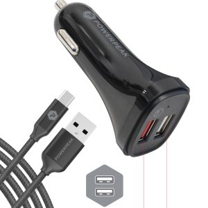 black dual port car charger USB-A to USB-C with 4ft sync cable