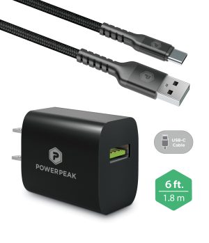 Black Fast Charge USB-A to USB-C Wall Charger with 6ft Micro Cable Braided