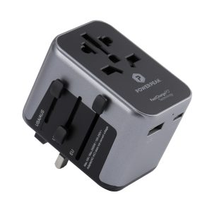 Gray port wall charger. International power adapter. 1 USB-C PD port and 1 standard USB port enable simultaneous high-speed charging of multiple devices