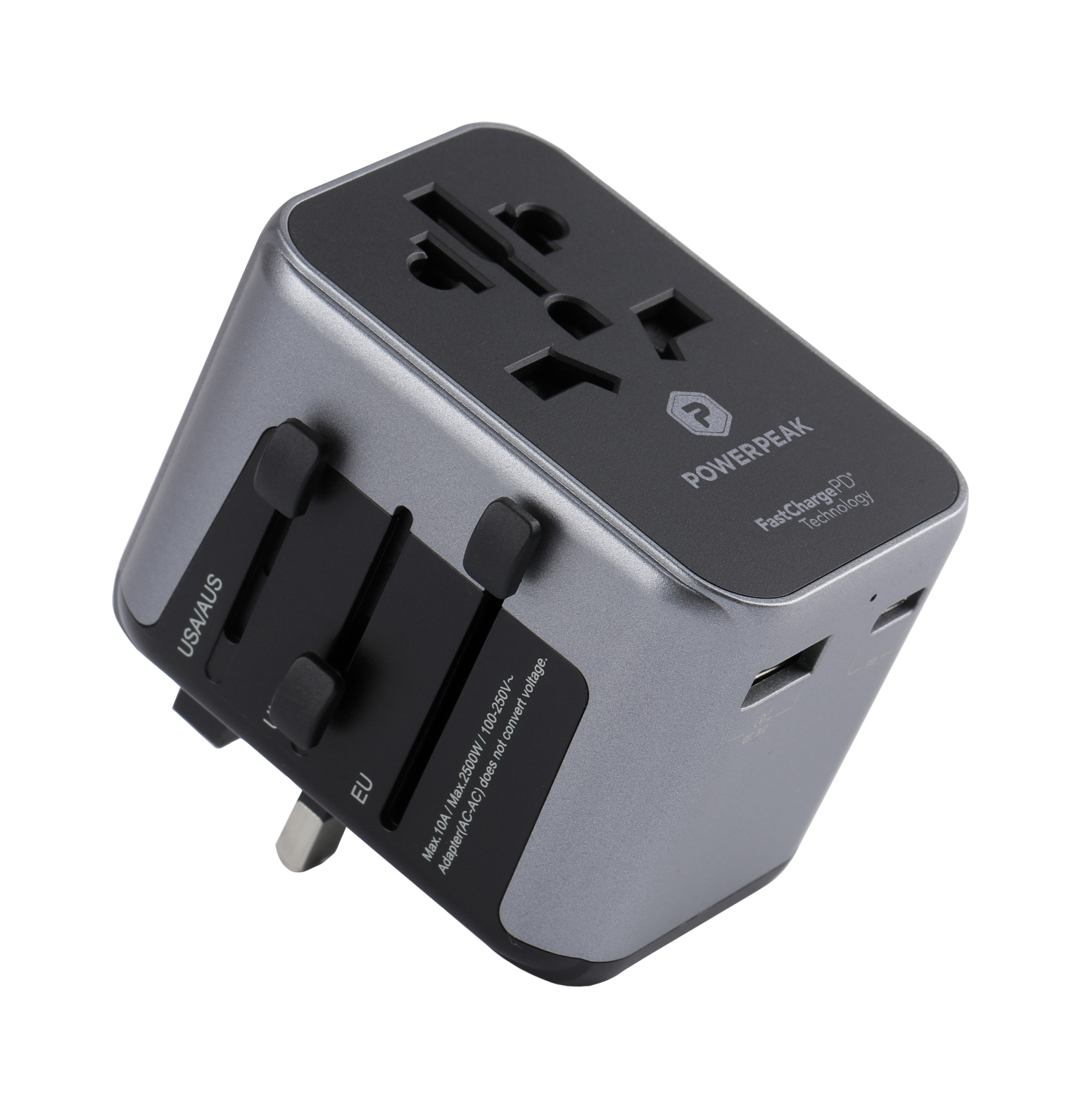 Gray port wall charger. International power adapter. 1 USB-C PD port and 1 standard USB port enable simultaneous high-speed charging of multiple devices