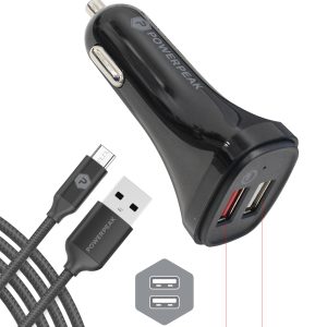 Fast black car charger with 2 USB-A port. Included 4ft braided Micro-USB cable