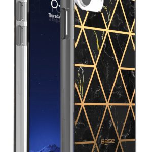 Marbled black protective case with gold geometric design for iPhone 13 cell phones