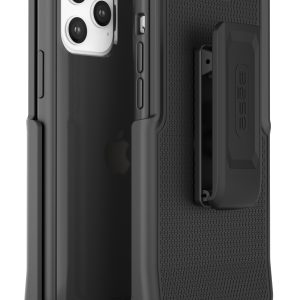 Black two-piece slim profile rubberized protective case with strap holder for iPhone 12 Pro Max cell phones