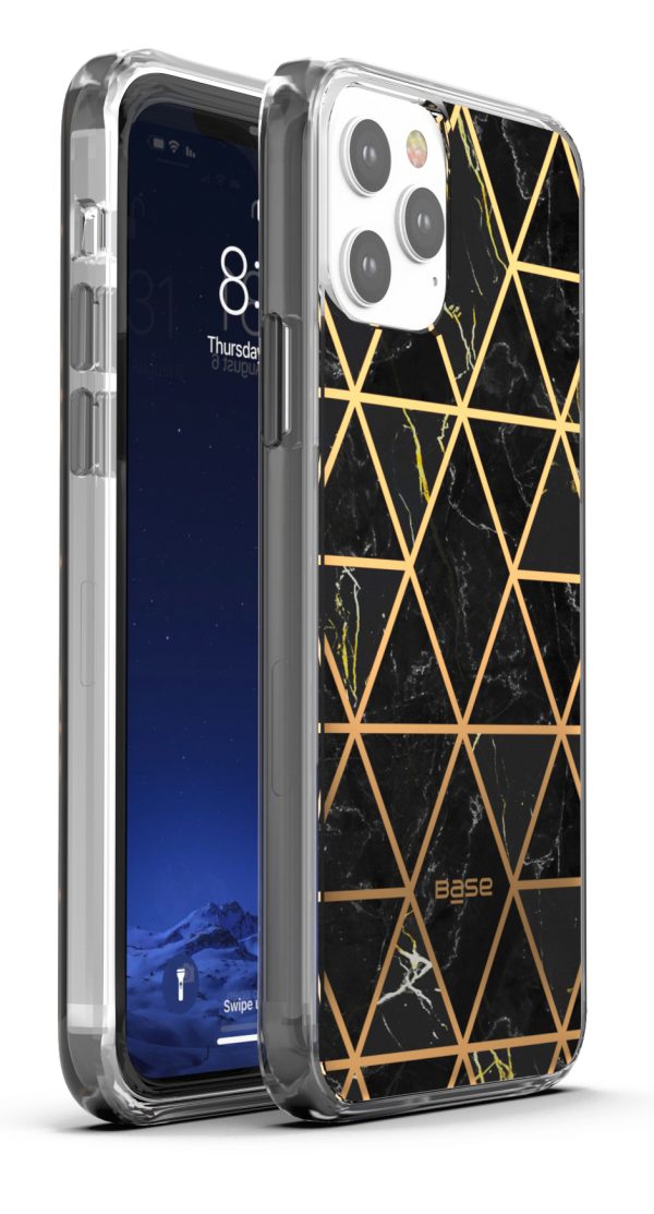 Marbled black case with gold geometric design for iPhone 12 Pro Max cell phones