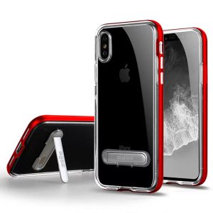 Clear slim case protective with red edges and metallic kickstand for iPhone X cell phones