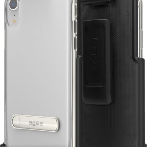 Two piece - black and clear with silver edges case protector with rotating belt clip and metal kickstand for iPhone XR cell phones