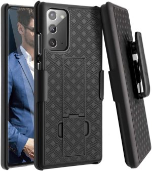 Black two-piece slim profile rubberized protective case with kickstand and strap holder for Samsung Galaxy Note20 Ultra cell phones