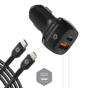 black dual port car charger USB-C to Lightning with sync cable