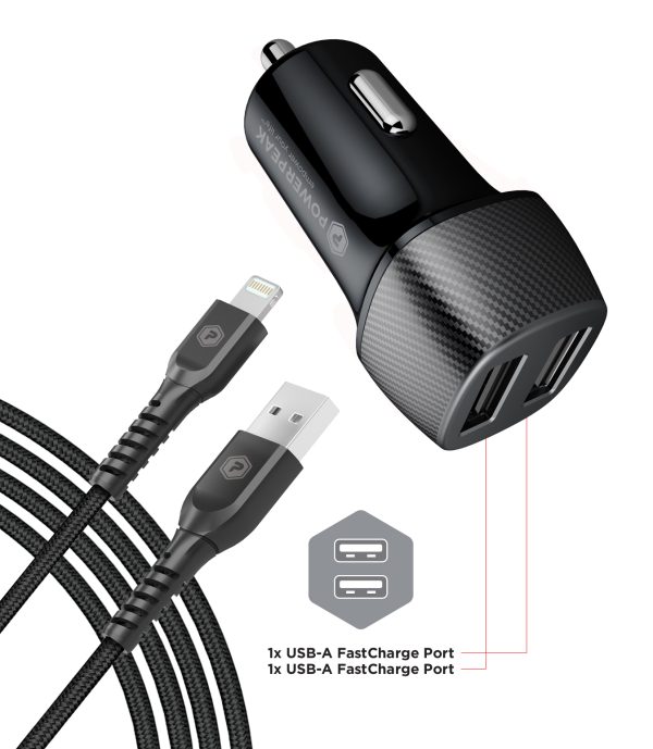 Dual Port Car Charger with 4ft USB Lightning cable black