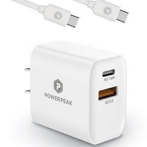 White Fast Charging Dual Port Wall Charger with USB-C to USB-C