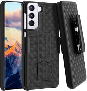Two-piece slim black protective case with geometric designs with kickstand and strap holder for Samsung Galaxy S21 Plus cell phones