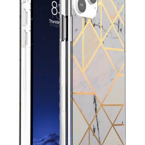 Marbled white protective case with gold geometric design for iPhone 13 Pro cell phones