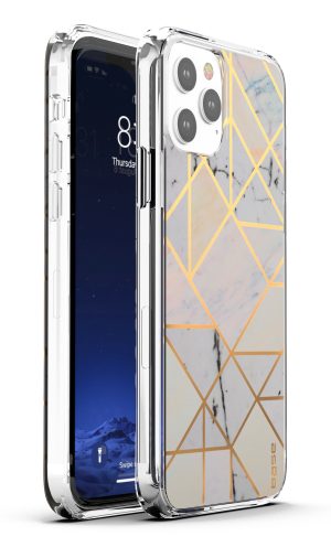 Marbled white protective case with gold geometric design for iPhone 13 Pro cell phones