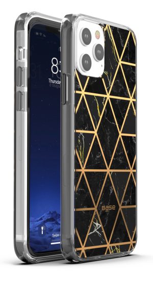 marbled black protective case with gold geometric design for iPhone 13 Pro cell phones