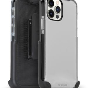 Clear slim dual case with black edges and 180 degree strap holder for iPhone 12 / iPhone 12 Pro cell phones