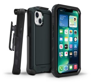 two-piece black case with strap holder for iPhone 13 cell phone