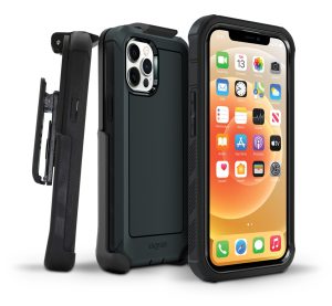 two-piece black boulder protective case with strap holder for iPhone 13 Pro cell phones