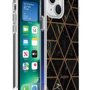 Marbled black protective case with gold geometric design for iPhone 13 cell phones