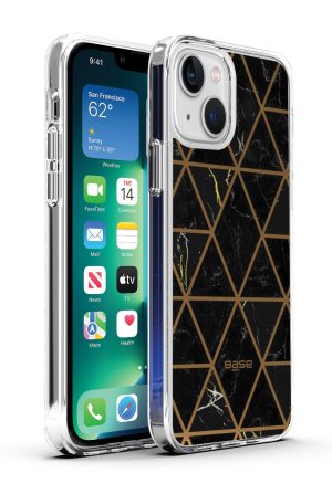 Marbled black protective case with gold geometric design for iPhone 13 cell phones