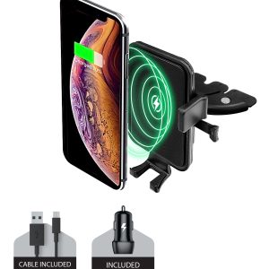 Black Wireless charging CD Slot Mount for Mobile Devices. Included car charger and cable USB-A to Micro-USB