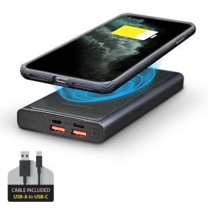 Black fast charging wireless multi port portable charger with battery pack