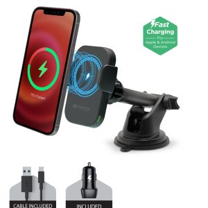 Black Magnetic Magcharge wireless charging Car Dash/Vent Mount Holder with Magnetic Auto-Alignment. Included car charger and cable USB-A to USB-C