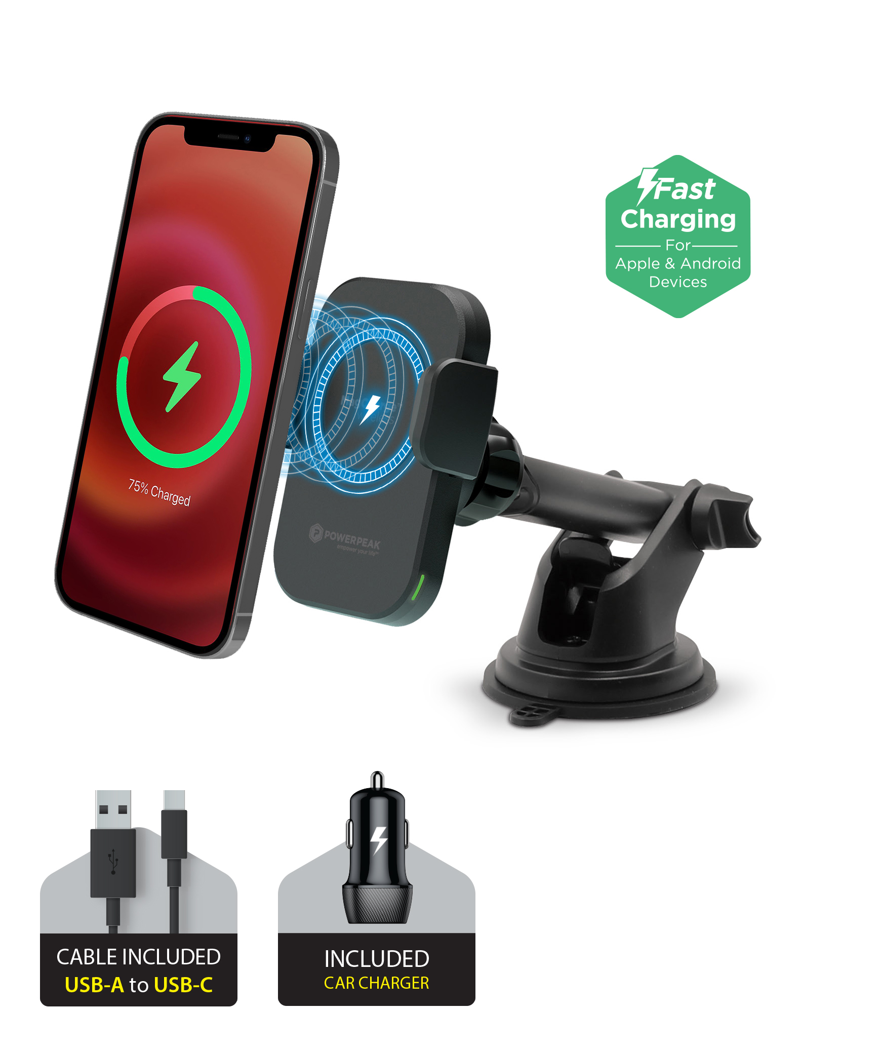 Black Magnetic Magcharge wireless charging Car Dash/Vent Mount Holder with Magnetic Auto-Alignment. Included car charger and cable USB-A to USB-C