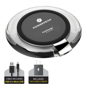 Aluminum Wireless Fast Charging Circle Pad for Qi-Compatible Devices with Black USB-A to Micro-USB cable and adapter