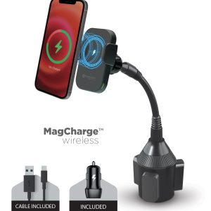 Black Magnetic Magcharge Car Cup Mount Holder with Magnetic Auto-Alignment. Included car charger and cable USB-A to USB-C