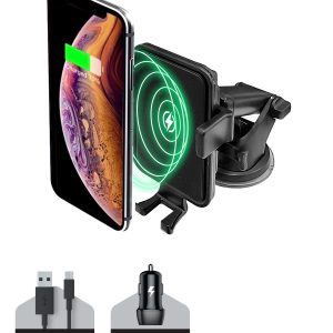 Black Wireless Dashboard Windshield Charging Mount for Mobile Devices Includes USB-A to Micro-USB Cable and Car Charger Cable