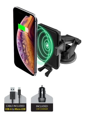 Black Wireless Dashboard Windshield Charging Mount for Mobile Devices Includes USB-A to Micro-USB Cable and Car Charger Cable