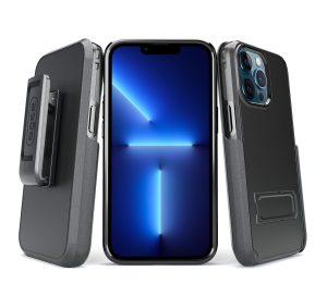 Black two-piece ultra slim profile rubberized protective case with kickstand and strap holder for iPhone 13 cell phones