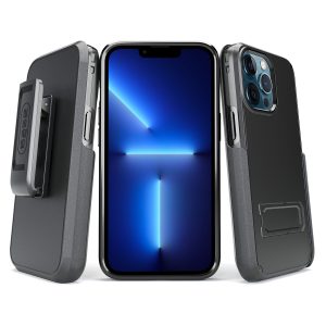 Black two-piece ultra slim profile rubberized protective case with kickstand and strap holder for iPhone 13 cell phones