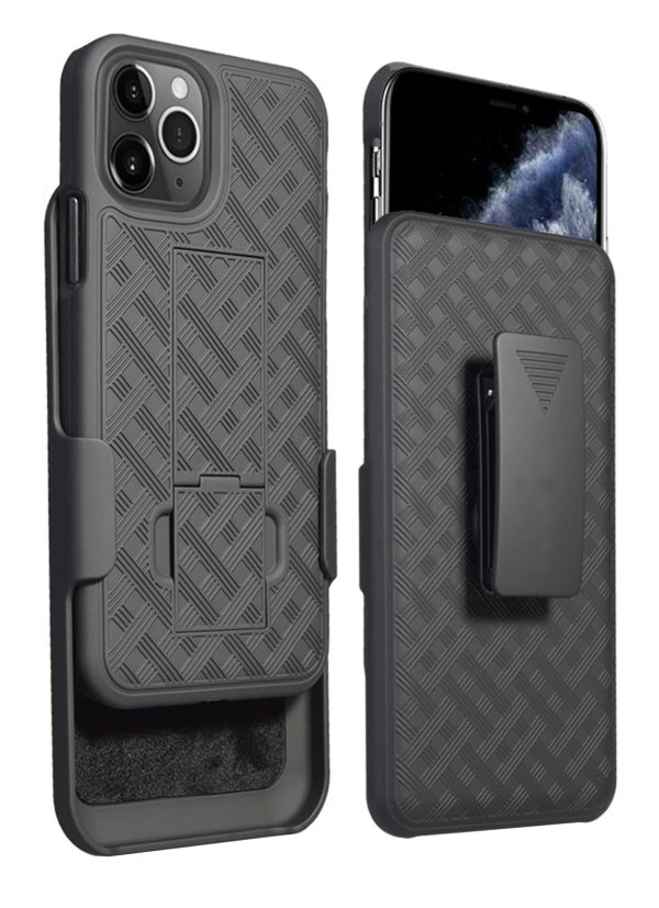 Black two-piece slim profile rubberized protective case with kickstand and strap holder for iPhone 12 / iPhone 12 Pro cell phones