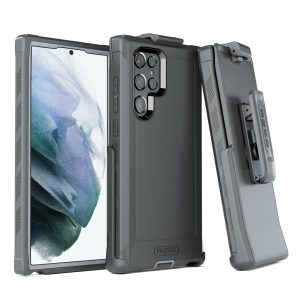 Two-piece black boulder rugged case protector with belt clip for Samsung S22 Ultra cell phones