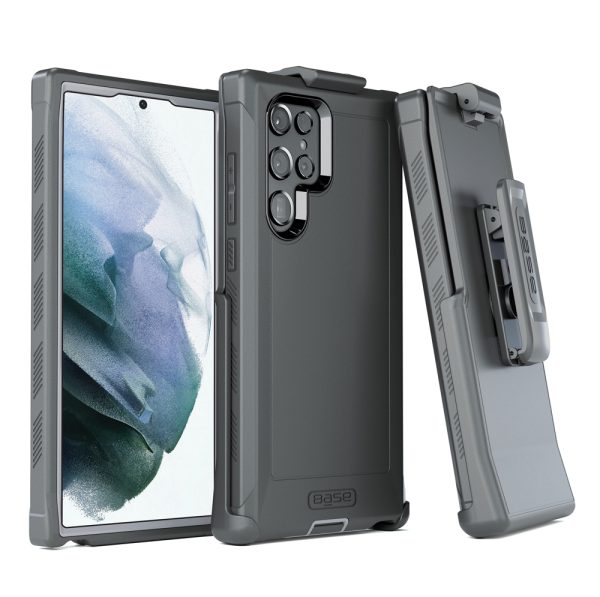 Two-piece black boulder rugged case protector with belt clip for Samsung S22 Ultra cell phones