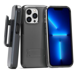 Black two-piece slim profile rubberized protective case with kickstand and strap holder for iPhone 14 Pro Max cell phones