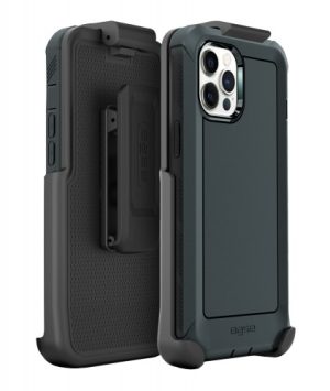 Black two-piece rugged protective case with strap holder compatible with MagSafe wireless charging for iPhone 14 Pro Max cell phones