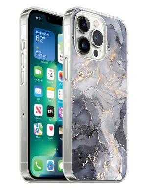 Marbled black protective case with gold designs for iPhone 14 Pro Max cell phones