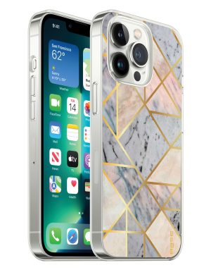 Marbled white protective case with gold designs for iPhone 14 Pro Max cell phones