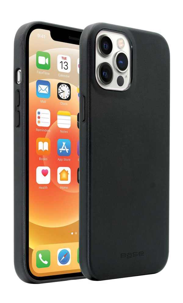 Black Vegan Leather protective case compatible with MagSafe wireless charging for iPhone 13 Pro cell phones